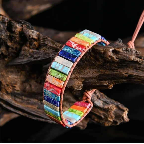 Handmade Bohemian Multi Colored stone leather bracelet. - Picture 3 of 9